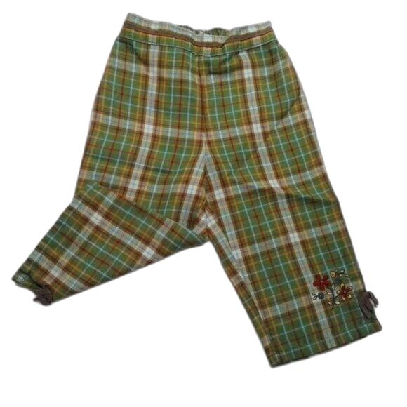Arizona Baby Girl Elastic Waist Pants Moss Green Plaid Flowers Bows 12 Months - Picture 1 of 8